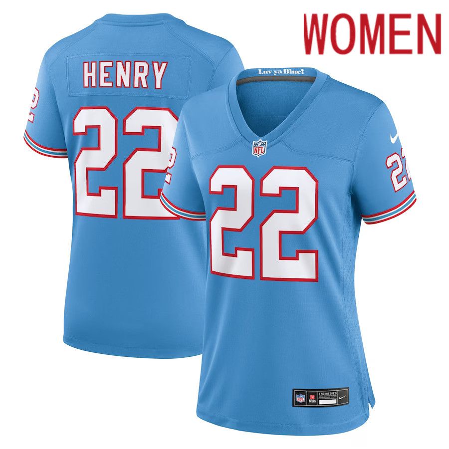 Women Tennessee Titans #22 Derrick Henry Nike Light Blue Oilers Throwback Alternate Game Player NFL Jersey